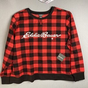 Eddie Bauer Womens‎ 2XL Red Black Buffalo Plaid Camp Fleece Sweatshirt Christmas
